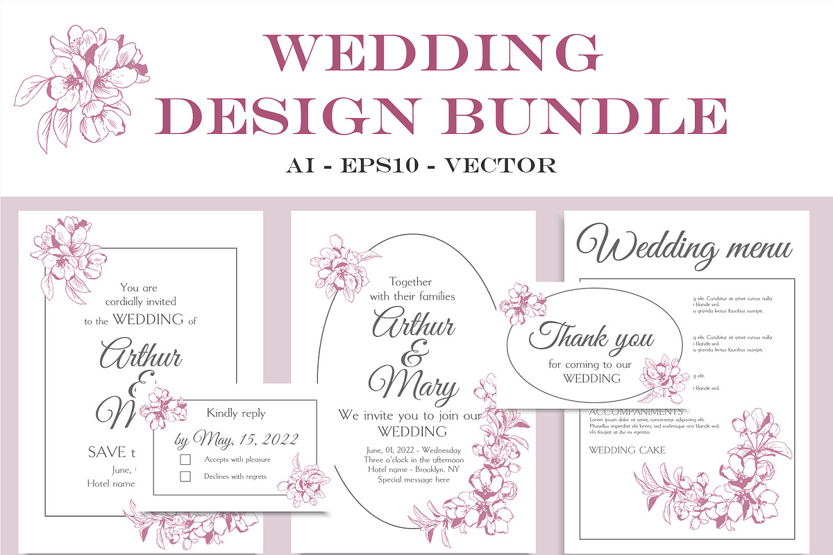 Apple blossom wedding design bundle, an Invitation Template by Doodle emporium (Photo 2 of 6)