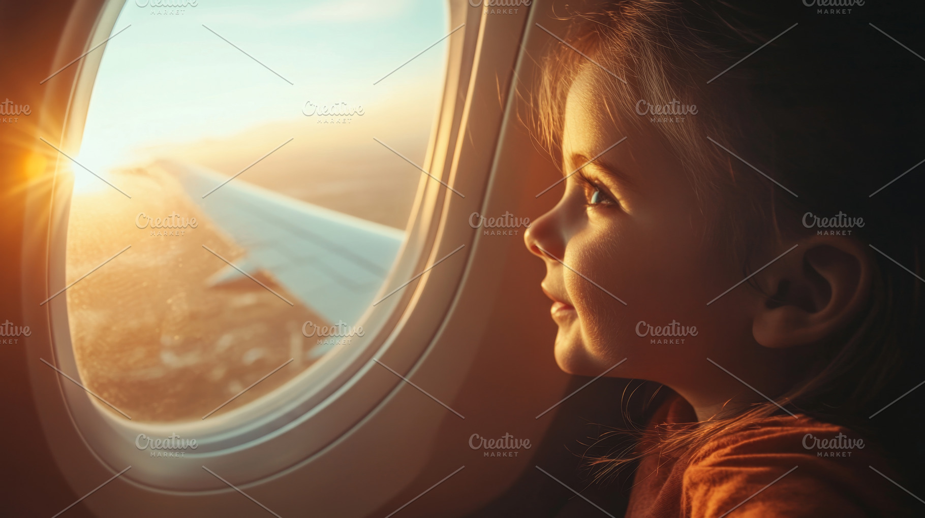 Child Gazing at Sunset from Airplane Window with Wonder, an Abstract Photo by Natalia Klenova's Shop