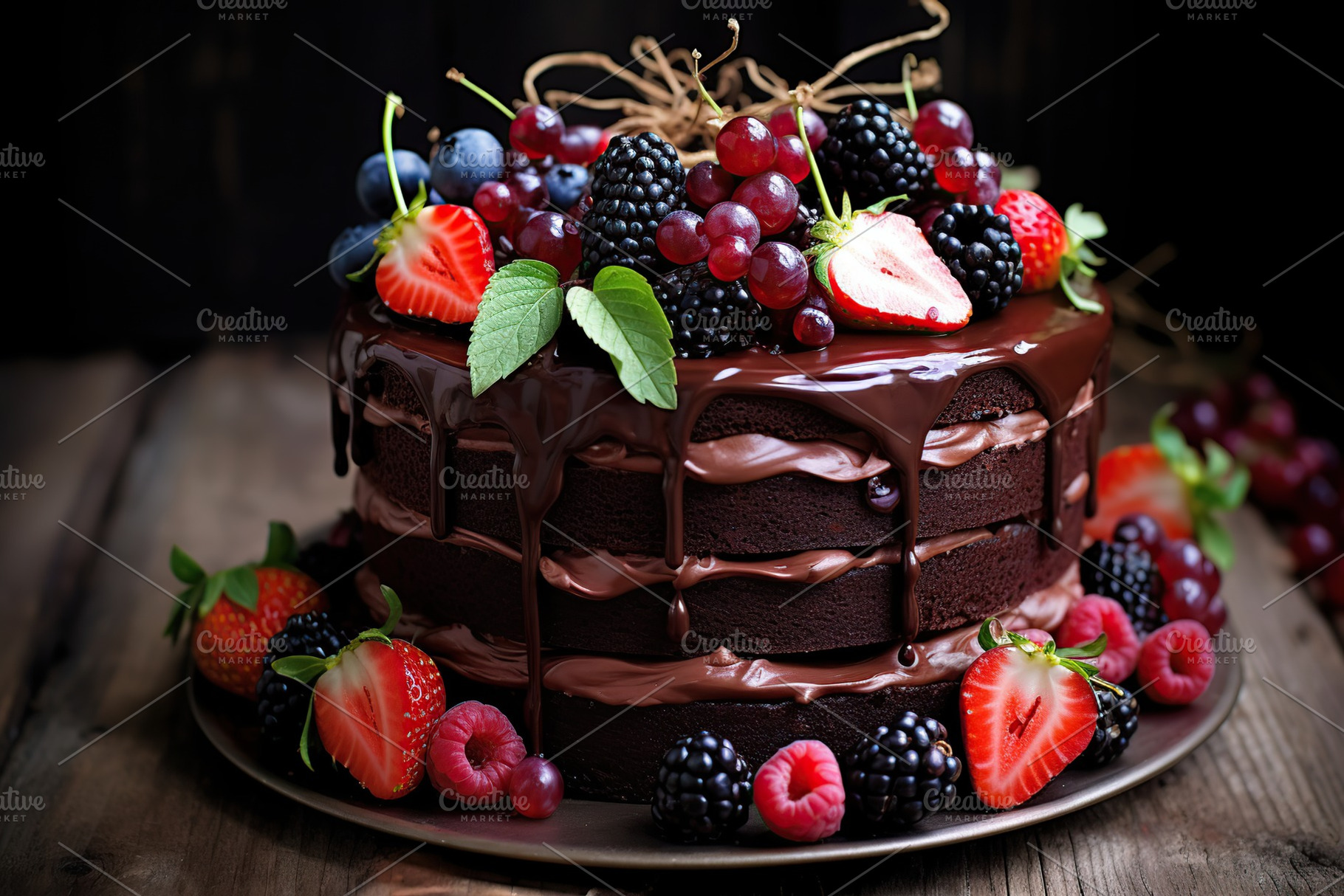 Chocolate cake with fresh berries on plate on wooden table, a Food & Drink Photo by AlyaAnd
