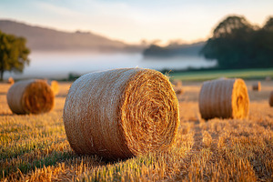Misty morning reveals scattered hay bales across a tranquil field at sunrise, a Nature Photo by AlyaAnd