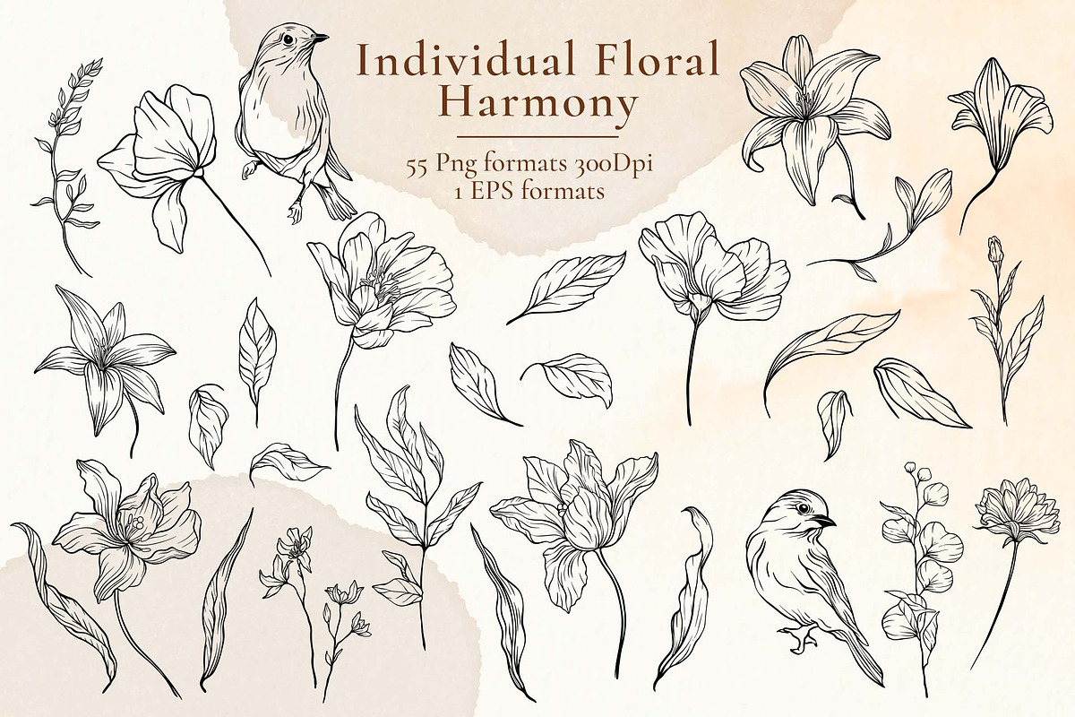 Floral Line Art Botanical Set Kit, a Decorative Illustration by Papatongartist (Photo 8 of 10)