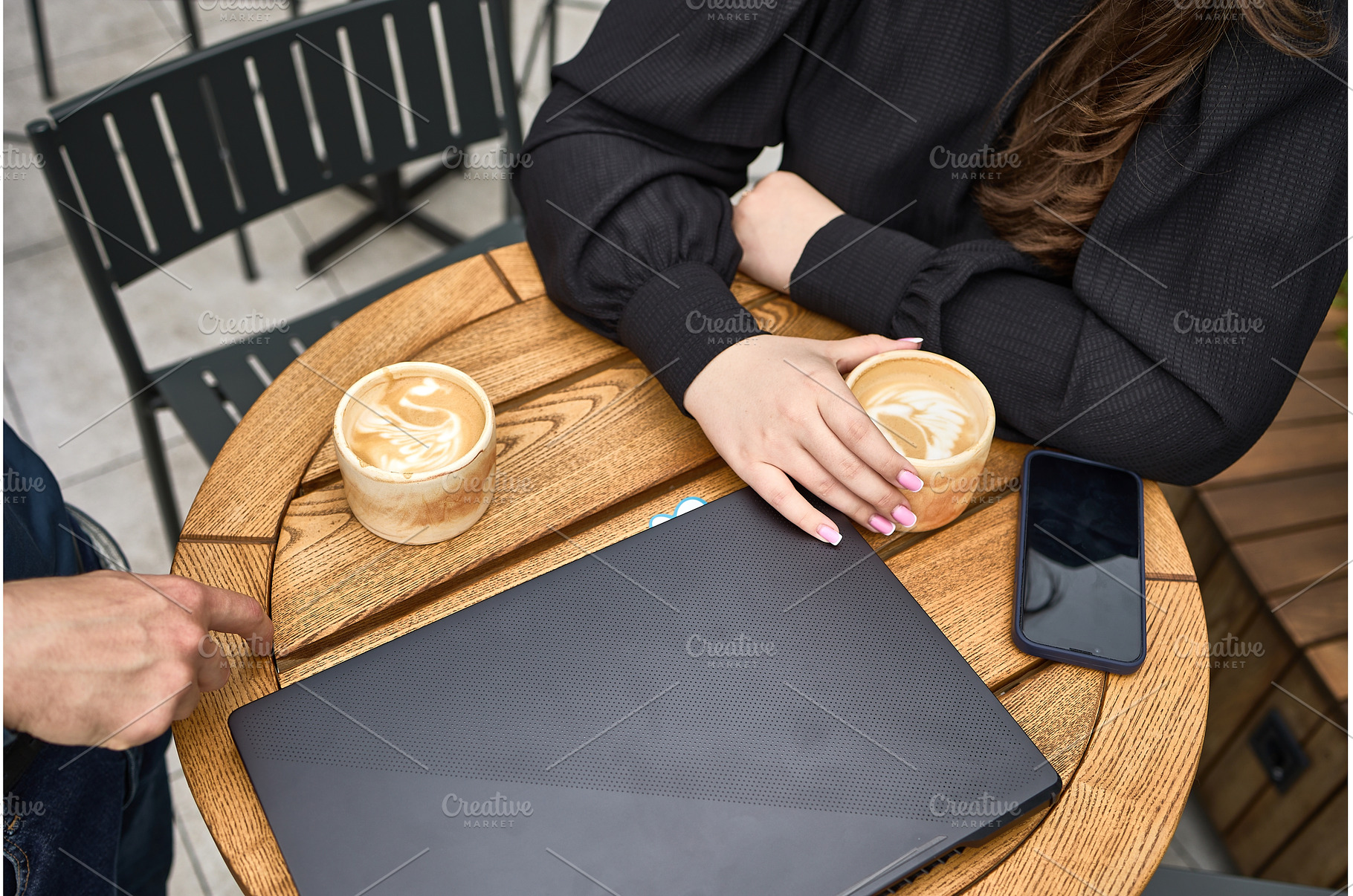 Coffee meeting outdoors, two people, a Business Photo by wip3out