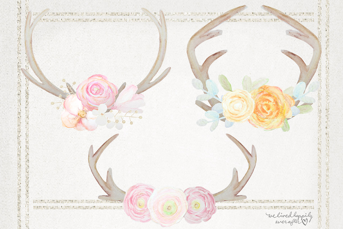 Rustic Watercolor Antlers & Flowers, a Texture Illustration by WeLivedHappilyEverAfter (Photo 4 of 5)