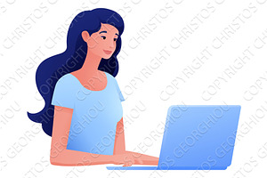 Woman Using Laptop Computer Cartoon, a Person Illustration by Christos Georghiou
