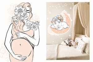 Baby Flowers And Motherhood Line Art