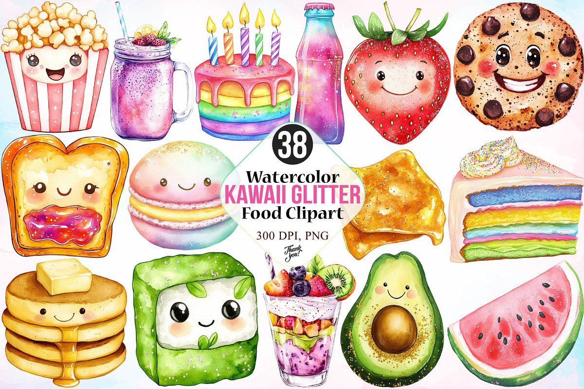 Watercolor Kawaii Glitter Food PNG, an Illustration by Canvas Craft (Photo 1 of 4)