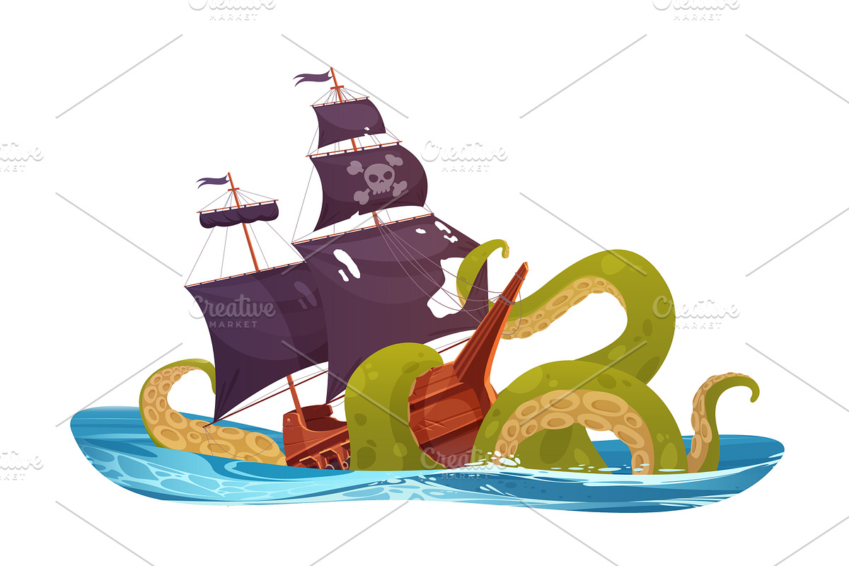 Tentacles of octopus sink pirate, an Animal Illustration by Lemberg Vector