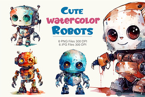 Cute Watercolor Robots. TShirt, an Animal Illustration by KENO Mascots