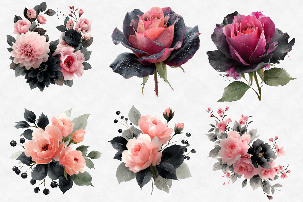 Black Pink and Silver Floral Clipart, an Illustration by Designworld (Photo 4 of 6)