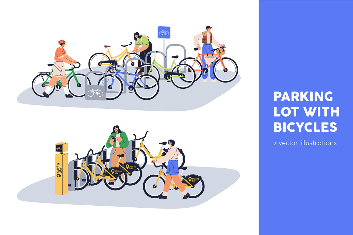 Cyclists at bicycle parking lots set, a Transportation Illustration by Good Studio (Photo 1 of 3)