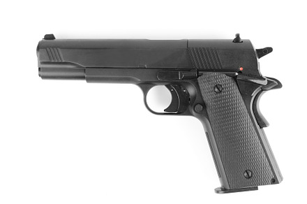 Black semi-automatic pistol isolated, an Industrial Photo by Theo's Stuff