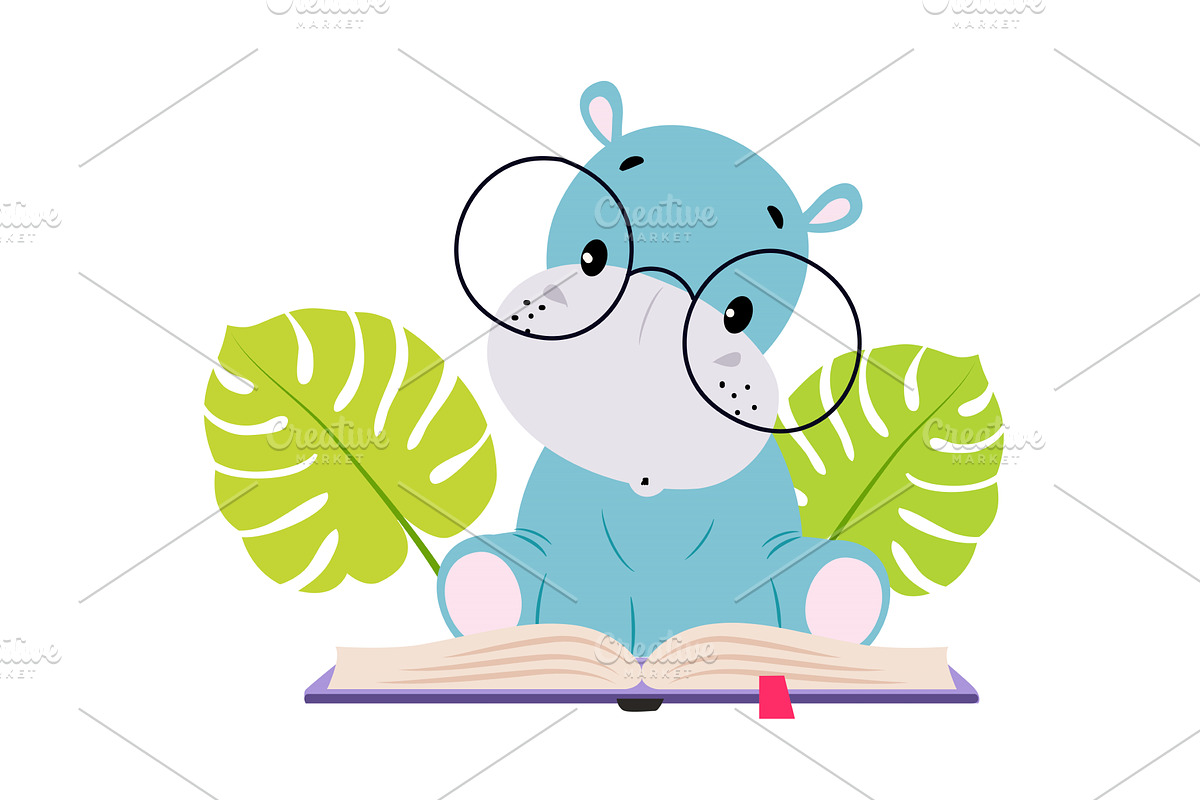Cute baby hippo reading book. Funny, an Animal Illustration by TopVectors