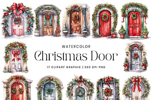 Watercolor Christmas Door Clipart