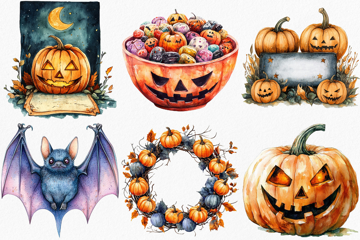 Watercolor Halloween Vibes Clipart, an Illustration by Canvas Craft (Photo 4 of 8)