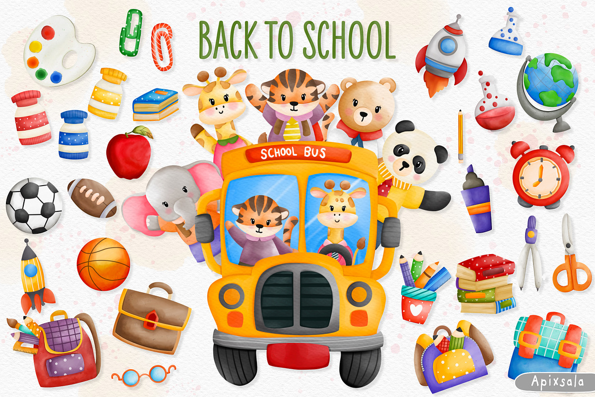 Watercolor Back to School and Animal, an Animal Illustration by Apixsala (Photo 1 of 12)