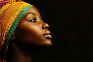 A profile portrait of a african woman with dark skin and a colorful headwrap, s, a Person Photo by Textures & Backgrounds