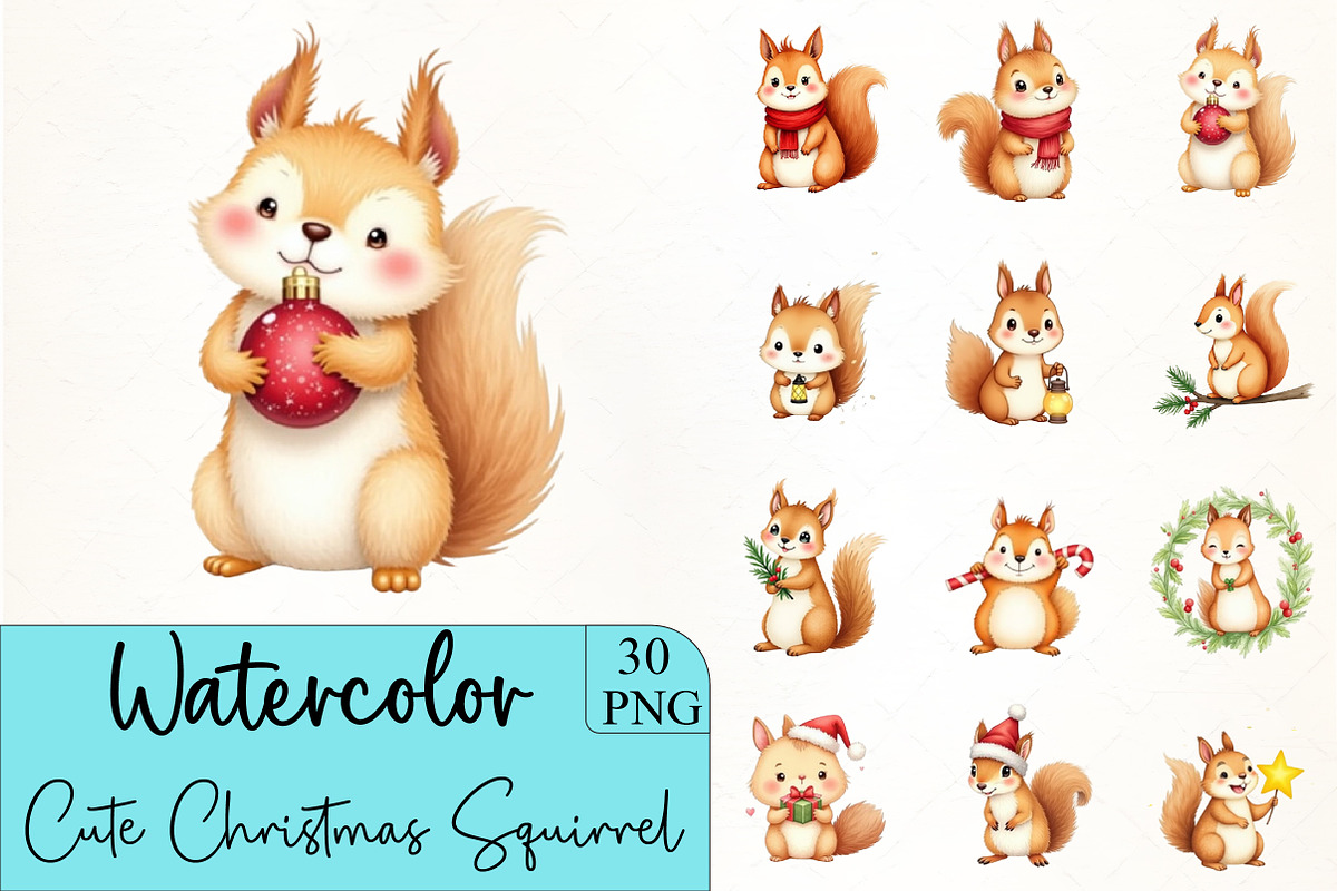 Cute Christmas Squirrel Clipart, an Illustration by CrexoraLab (Photo 1 of 5)