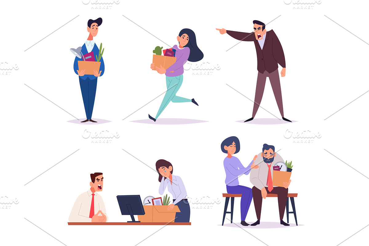Dismissals. Angry bosses and sad, a Finance Illustration by Onyx