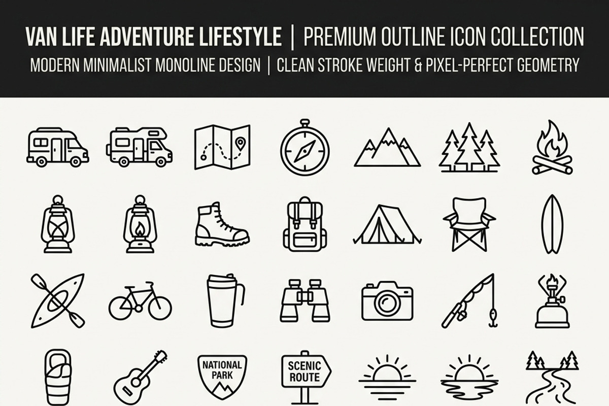 37 Van Life Adventure Icons, an Outline Icon by adenpinkstore (Photo 2 of 9)