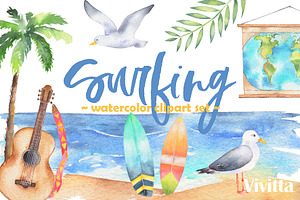 Surfing watercolor clipart set