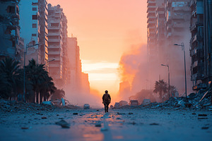 War-torn city street at dusk with a lone figure among crumbling buildings, a Photo by AlyaAnd