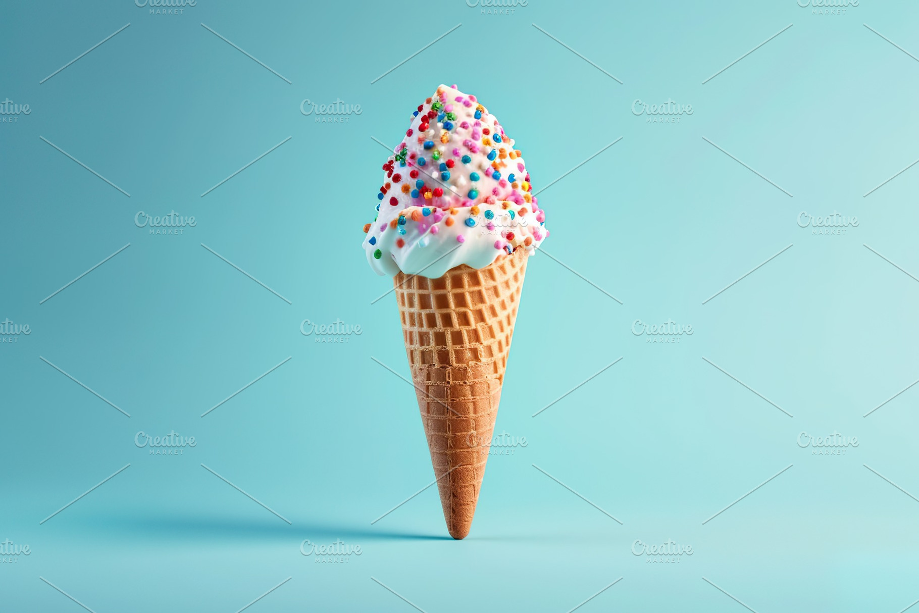 Ice cream with sprinkles in waffle cone on blue background, a Food & Drink Photo by AlyaAnd