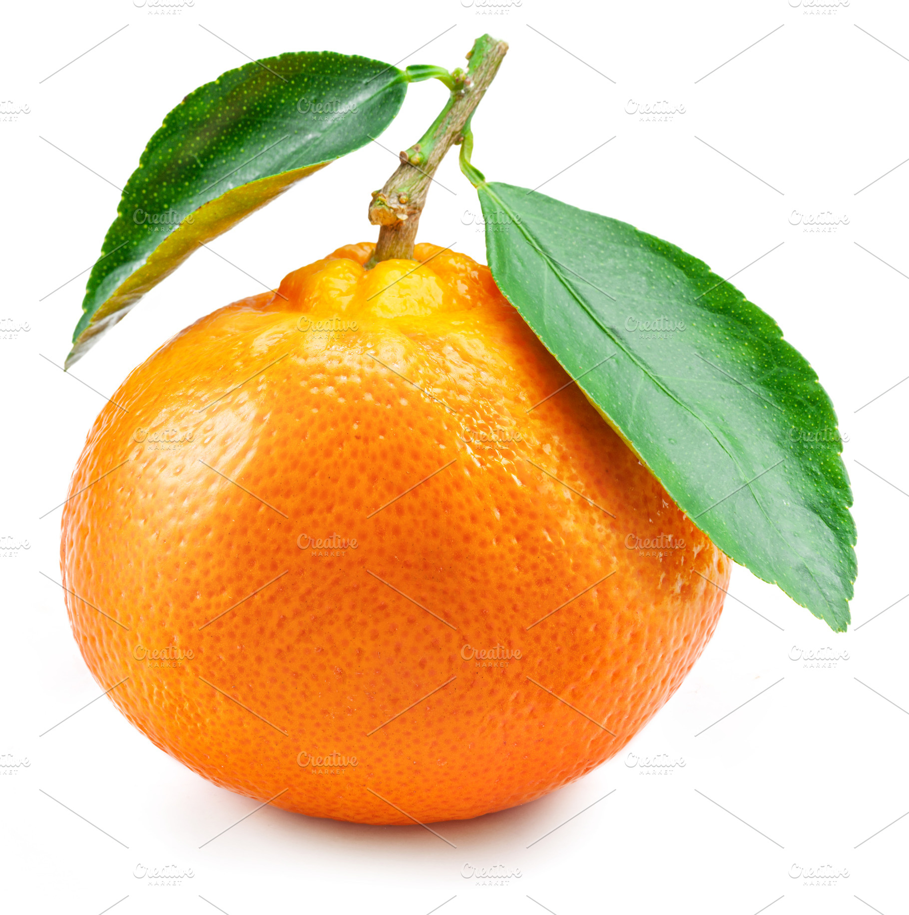 Ripe tangerine fruit with green leaves isolated on a white backg, a Food & Drink Photo by Volff
