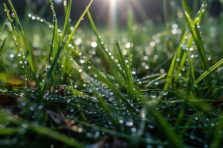 Drops of dew on green grass. Generative AI, a Nature Photo by AlyaAnd