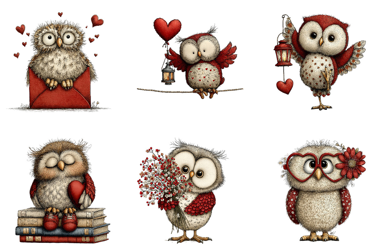 Whimsical Valentines Owls Clipart, an Illustration by CreationArt (Photo 3 of 5)
