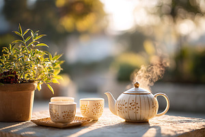 Tea ritual in a vintage garden setting with steaming cups and warm sunlight, a Food & Drink Photo by AlyaAnd