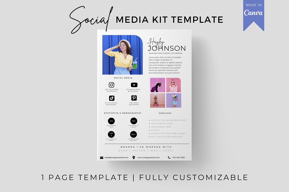 1 Page Influencer Media Kit Template, a Presentation Template by CoCreatorDesigns (Photo 1 of 7)