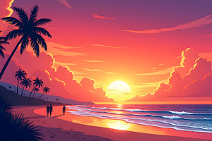 Vibrant Sunset Beach with Silhouette, a Photo by LOGOCREATIVE