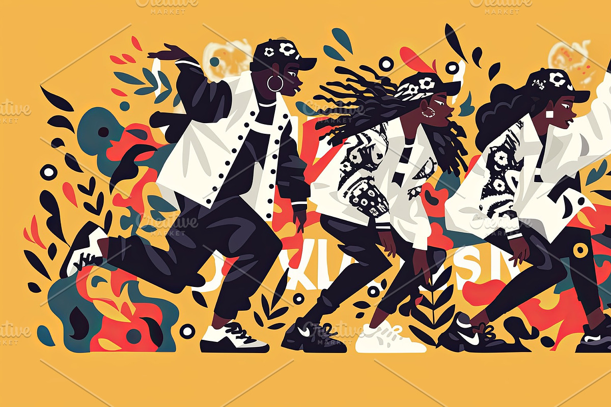 Three fashionable friends expressing energy and style in vibrant urban art sett, an Illustration by AS photostudio