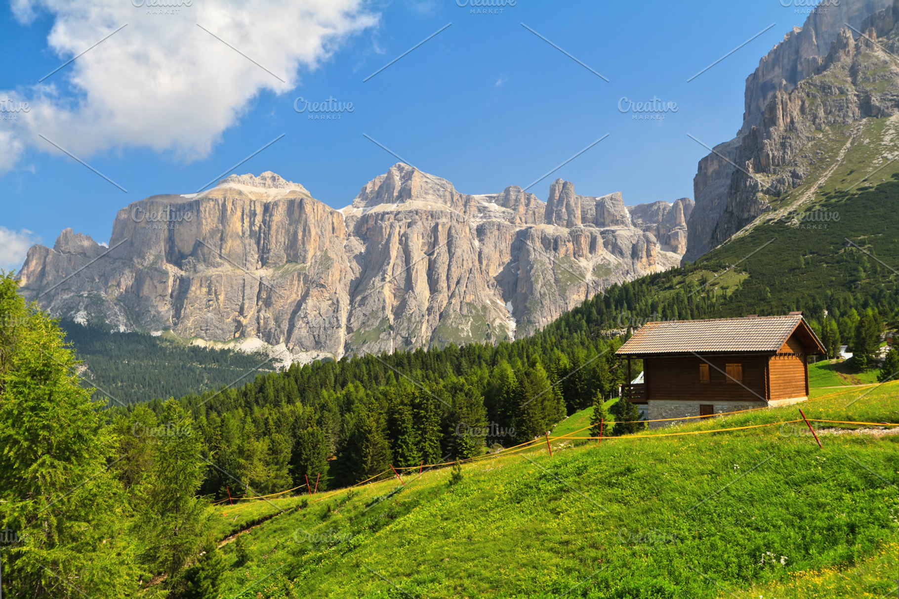 Dolomiti  high fassa valley stock photo containing alpine and chalet, a Nature Photo by Antonio-S