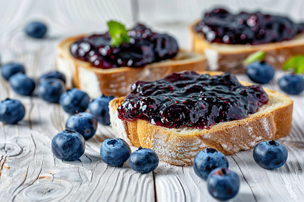 Toast breads with sweet blueberry jam on wooden table, a Food & Drink Photo by AlyaAnd