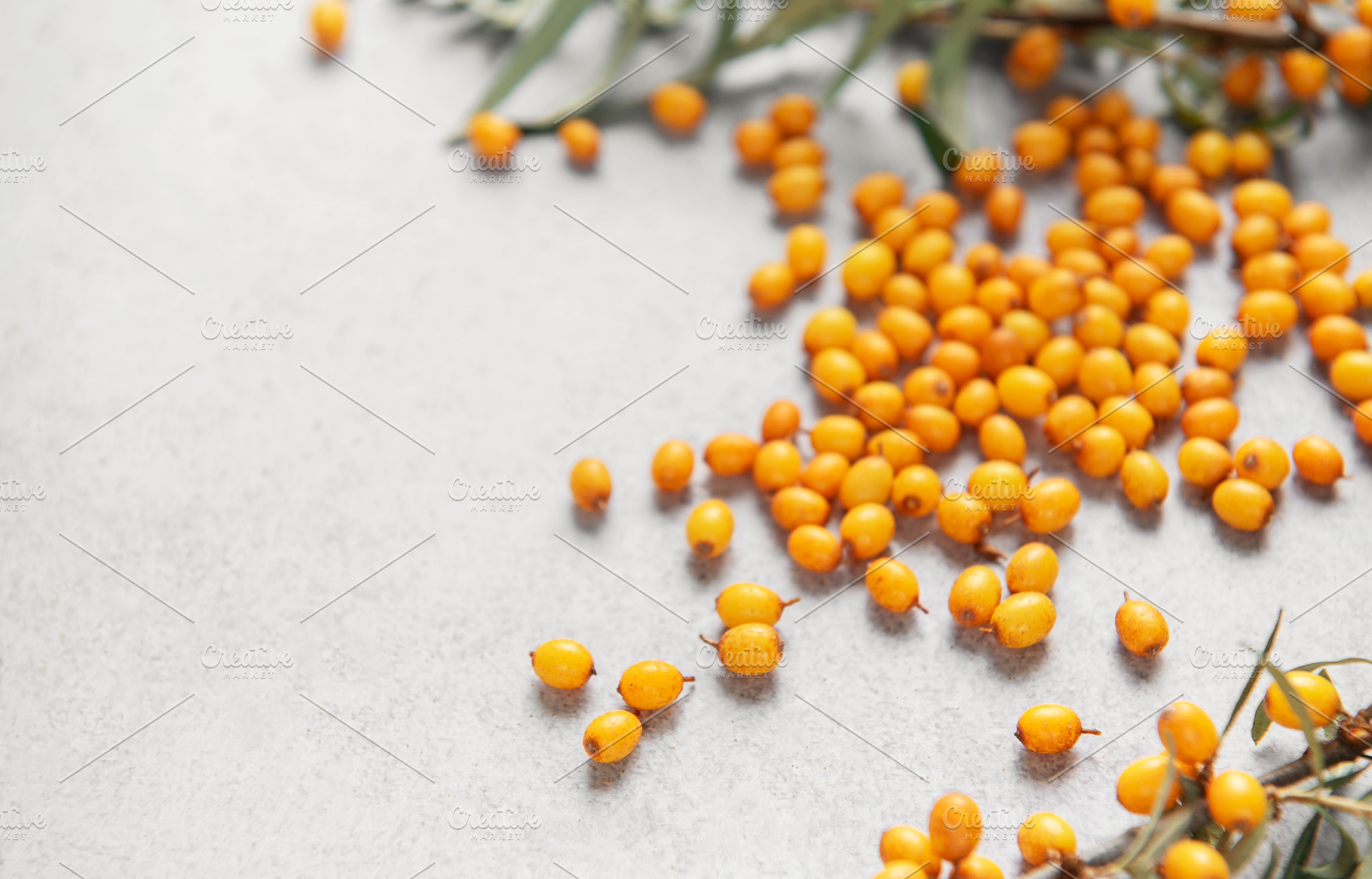 Sea buckthorn berries scattered on gray background, a Food & Drink Photo by Olena Rudo