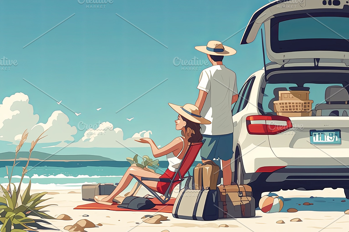 Young couple enjoying a scenic beach during a relaxing road trip getaway, an Illustration by AS photostudio