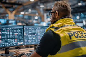 Police officer using computer analyz, a Photo by Pixeness Studio