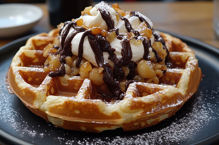 Waffle with cream, caramel sauce, an, a Background Photo by Pixeness