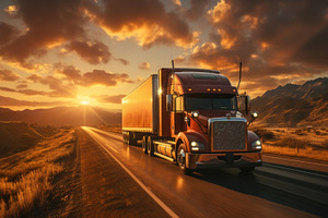 Big american truck on the highway with beautiful sunset in the b, a Transportation Photo by AS photostudio