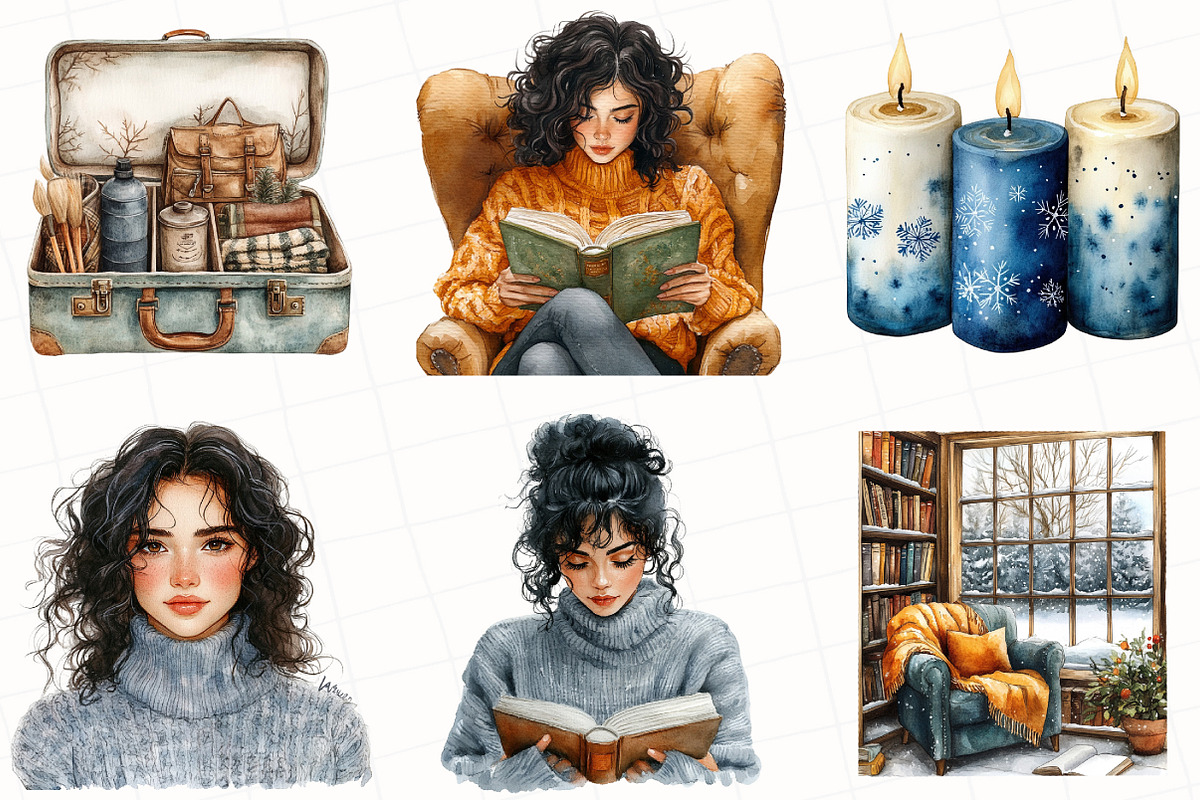 Watercolor Winter Bookworm Clipart, an Illustration by OK Design (Photo 2 of 5)