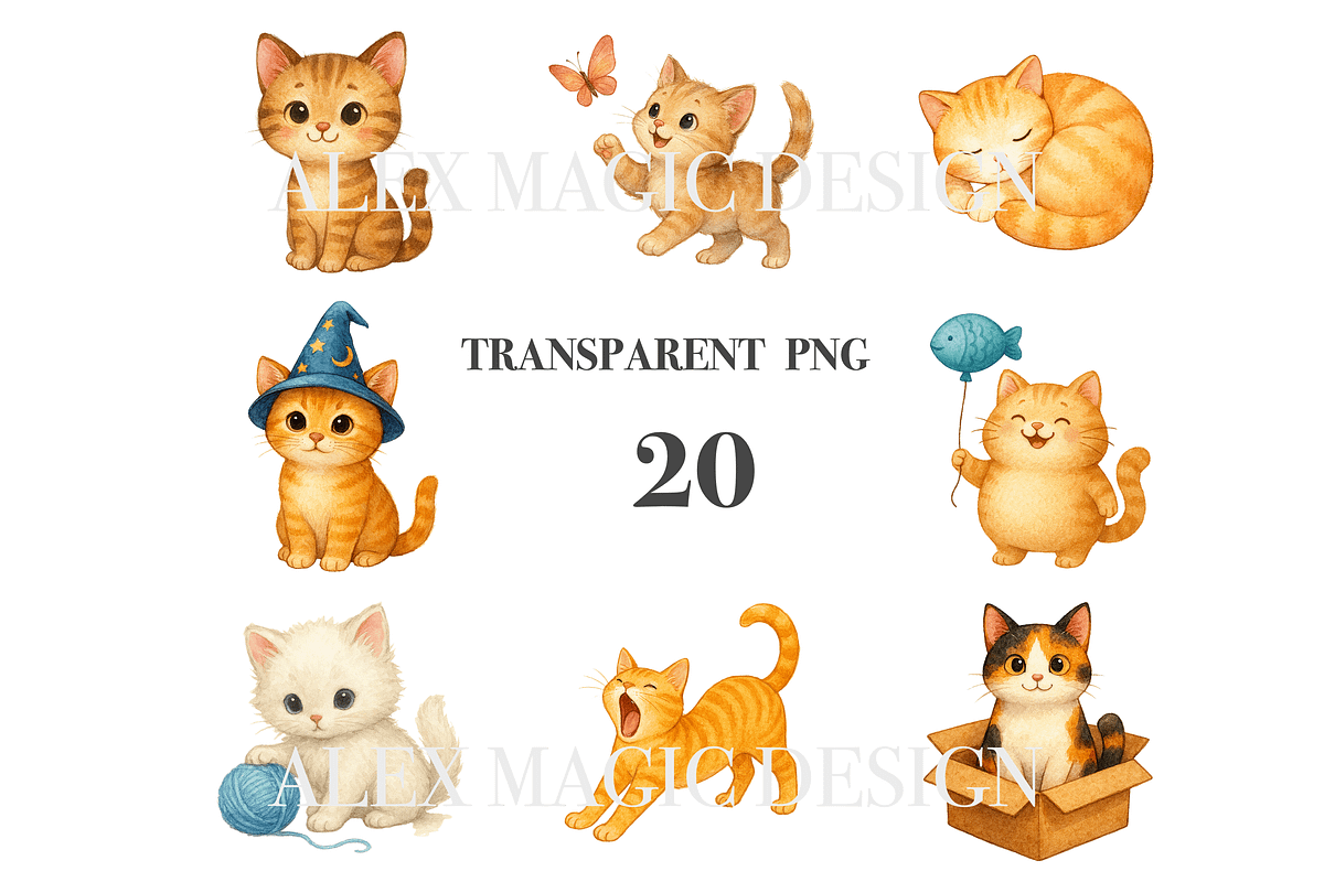 Cute Cat Clipart Set, a Decorative Illustration by Pati Charm Studio (Photo 3 of 8)