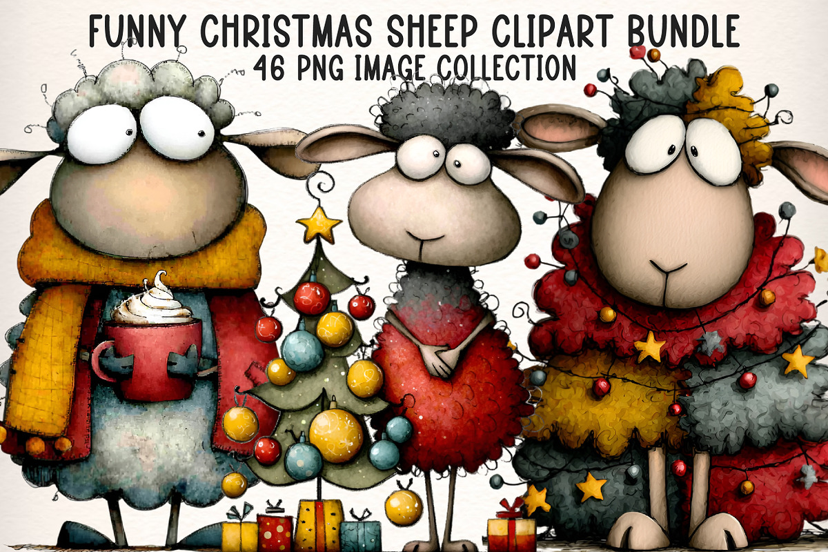 Funny Christmas Sheep Clipart Bundle, an Illustration by Dream Creation (Photo 1 of 8)