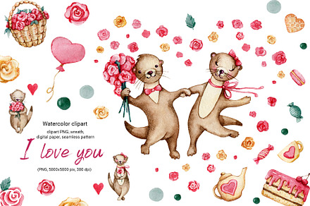 Love Otter, clipart, digital paper