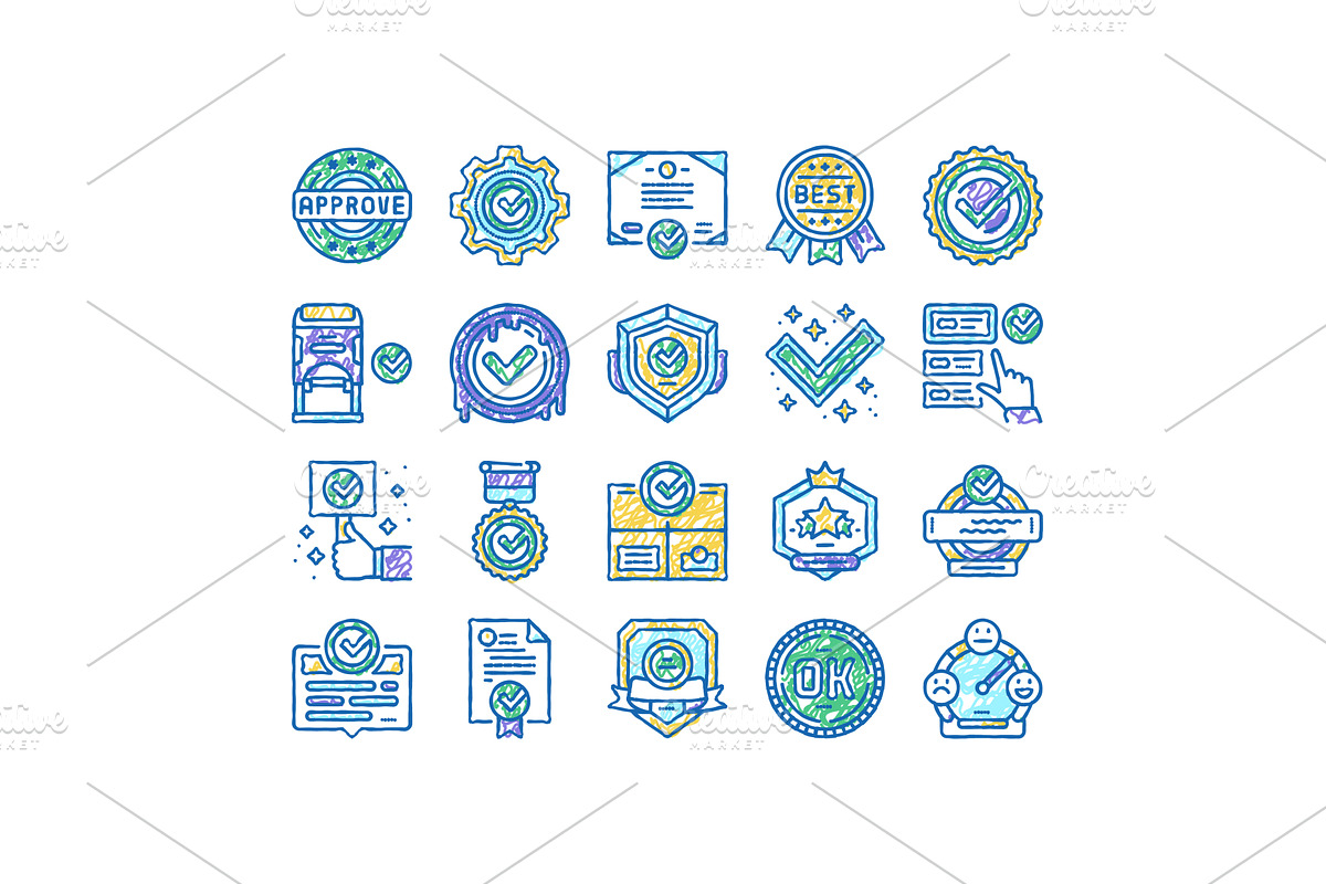 Quality Approve Mark And Medal Icons, an Object Illustration by pikepicture