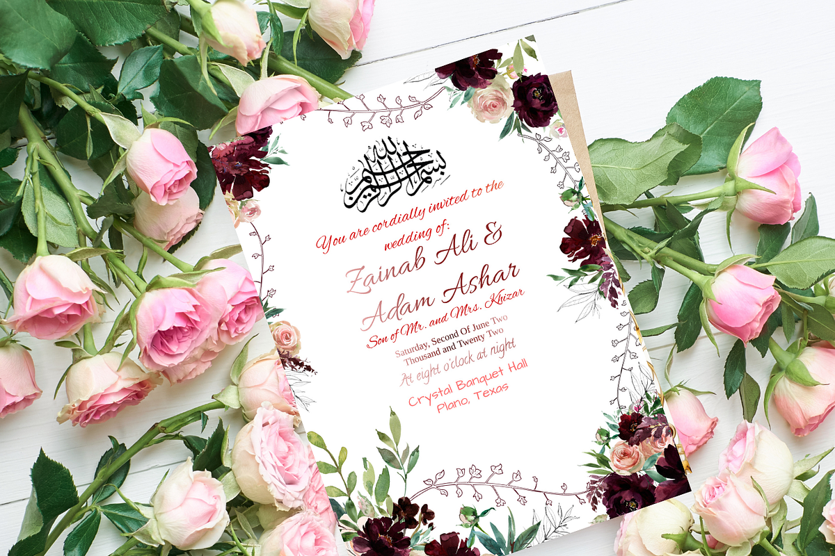 Burgundy Muslim Wedding Invitation, an Invitation Template by NailaDesignsStudio (Photo 1 of 4)