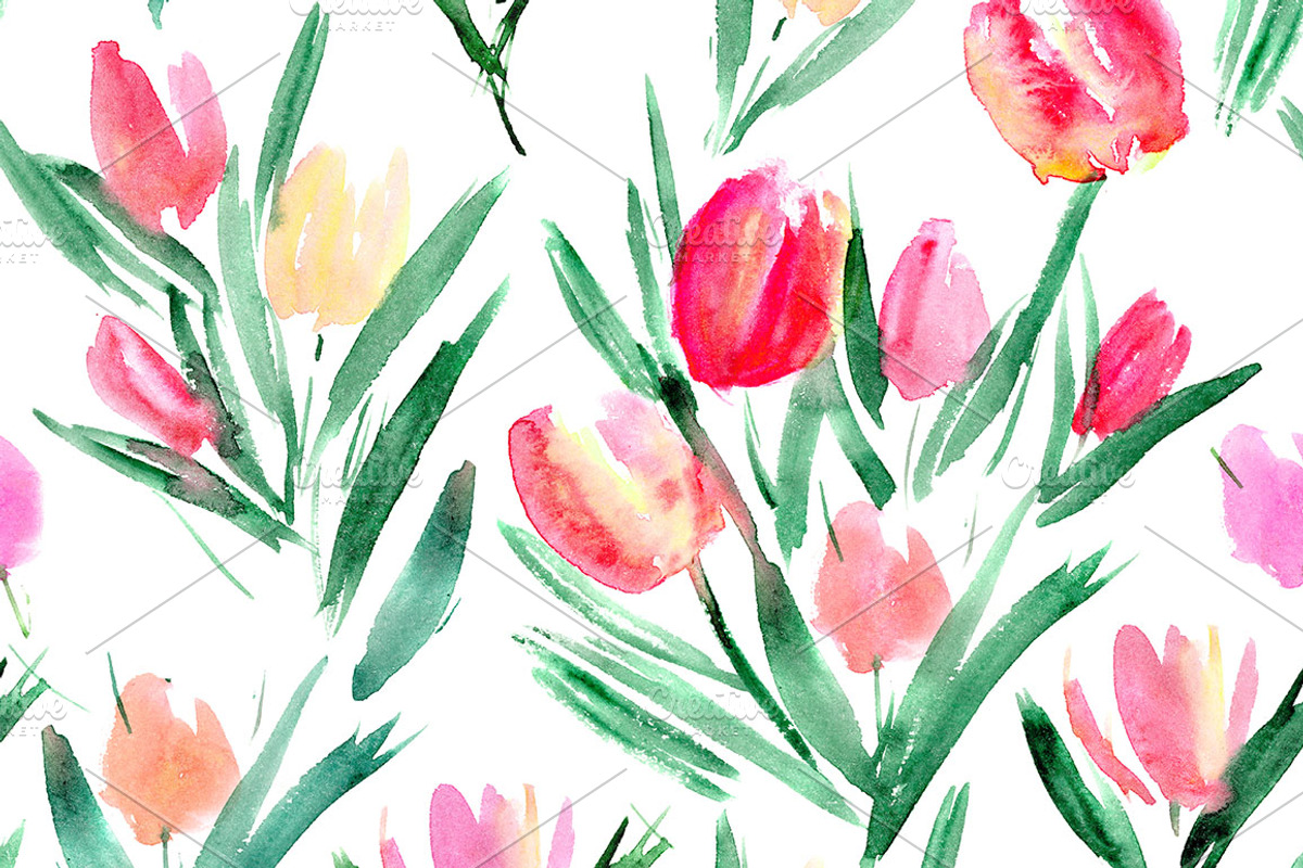 Watercolor tulips seamless pattern, a Pattern Graphic by Katerina Tova
