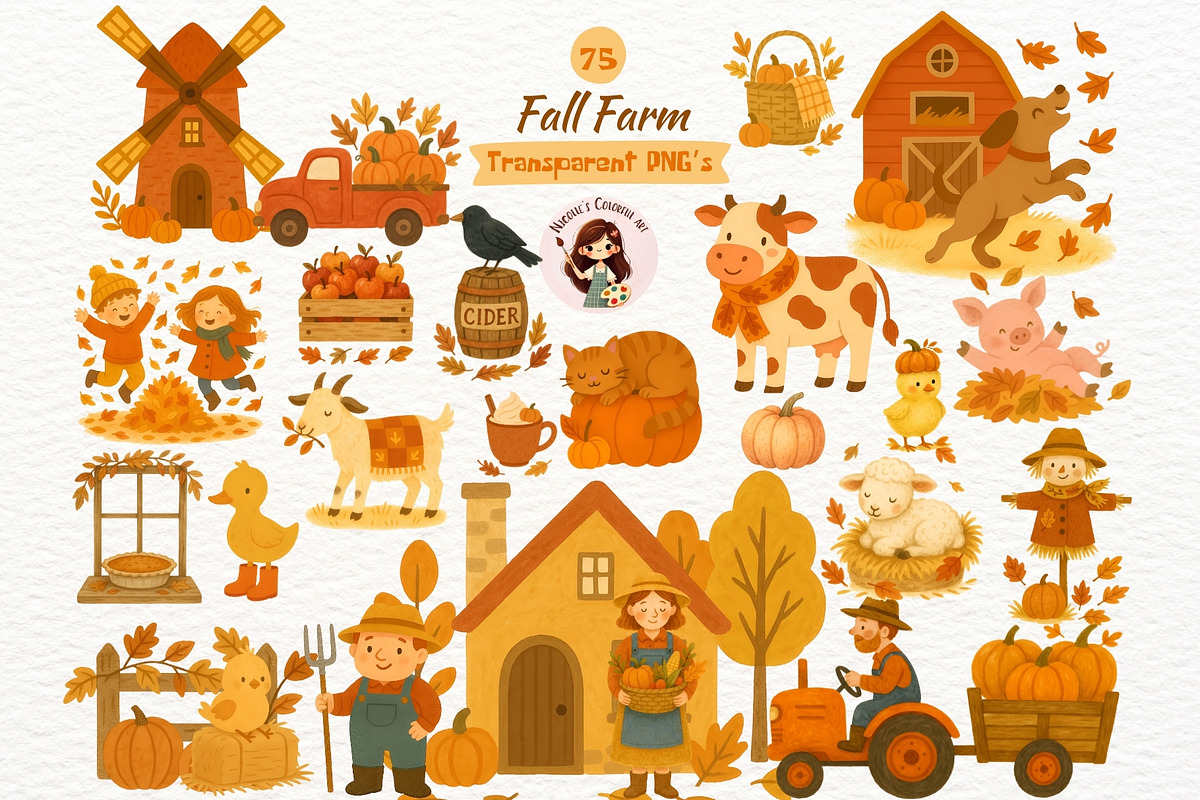 Watercolor Fall Farm Clipart PNG, an Illustration by Nicolle's Colorful Art (Photo 1 of 7)