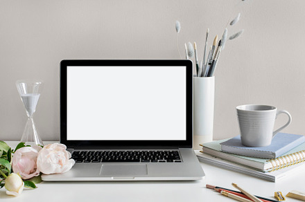 Laptop with Peony Stock Image, a Business Photo by Her Creative Studio