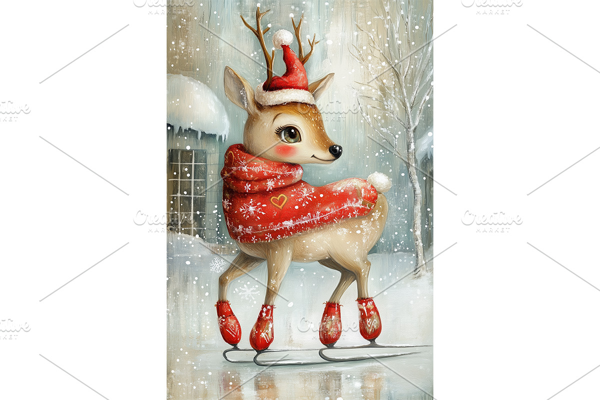 Ice Skating Deer with Santa Hat Art, an Animal Illustration by Art Paradise Studios